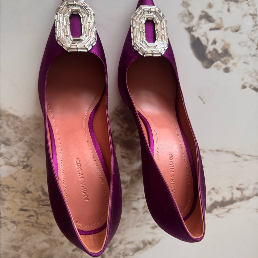 Amina Muaddi Fuchsia Satin Heels with Silver Embellishments
